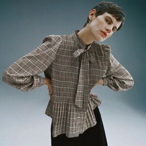 ZARA Brown Pleated Check Plaid Blouse